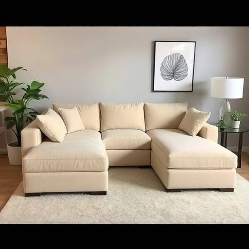 A modern sectional sofa with a chaise lounge, upholstered in a light beige fabric