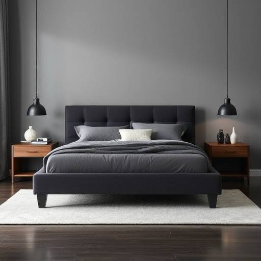 A platform bed with a low profile and integrated side tables, upholstered in dark grey fabric