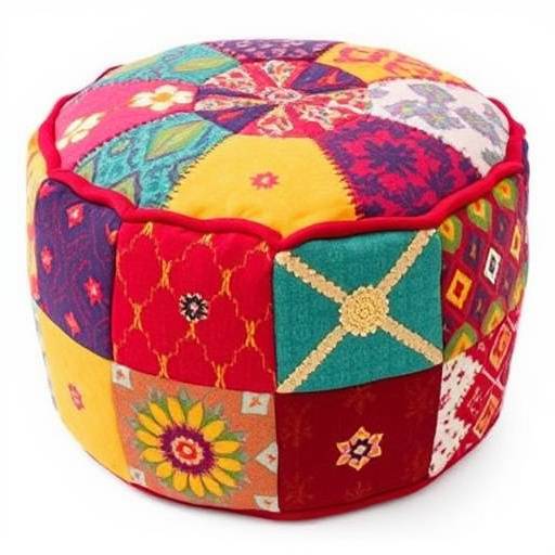 Colorful patchwork cotton pouf with geometric patterns